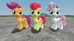 Size: 1280x720 | Tagged: safe, artist:aeridiccore, artist:dasprid, apple bloom, scootaloo, sweetie belle, earth pony, pegasus, pony, unicorn, crusaders of the lost mark, g4, 3d, bow, cutie mark crusaders, female, filly, gmod, hair bow, source filmmaker, the cmc's cutie marks