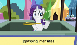 Size: 1037x615 | Tagged: safe, edit, edited screencap, screencap, rarity, g4, caption, descriptive noise, female, frown, gritted teeth, hoof hold, meme, out of context, pun, solo, straw, visual pun, x intensifies