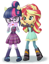 Size: 640x830 | Tagged: safe, artist:ta-na, sci-twi, sunset shimmer, twilight sparkle, equestria girls, g4, my little pony equestria girls: friendship games, blushing, boots, chibi, clothes, crystal prep academy, crystal prep academy uniform, crystal prep shadowbolts, cute, daaaaaaaaaaaw, duo, female, glasses, hnnng, leather jacket, mini, open mouth, pleated skirt, pony ears, school uniform, shimmerbetes, simple background, skirt, twiabetes, white background