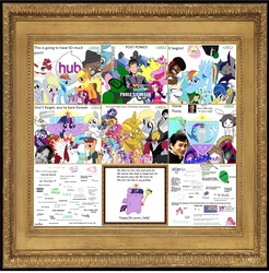 Size: 3208x3264 | Tagged: safe, apple bloom, applejack, derpy hooves, fluttershy, pinkie pie, rainbow dash, rarity, scootaloo, sweetie belle, twilight sparkle, alicorn, pony, crusaders of the lost mark, g4, /mlp/, 4chan, anniversary, chris hansen, cutie mark crusaders, female, happy birthday mlp:fim, high res, hub logo, jackie chan, mane six, mare, meme, mlp fim's fifth anniversary, picture frame, poster, timeline, twilight scepter, twilight sparkle (alicorn)