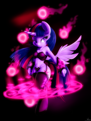 Size: 2241x3000 | Tagged: safe, artist:dfectivedvice, artist:whazzam95, twilight sparkle, anthro, unguligrade anthro, g4, armpits, breasts, clothes, female, garter belt, garters, high res, magic, magic circle, mare, midriff, skimpy outfit, solo, stockings, twilight sparkle (alicorn)