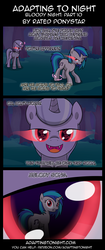 Size: 850x2020 | Tagged: safe, artist:terminuslucis, dj pon-3, vinyl scratch, oc, oc:seeker, pony, undead, unicorn, vampire, vampony, comic:adapting to night, comic:adapting to night: bloody night, g4, blood, comic, deadpan snarker, evil, evil grin, fangs, forest, glowing, glowing eyes, grin, melody song, oc villain, red eyes, sarcasm, sarcastic, slasher smile, smiling, tree, wham line