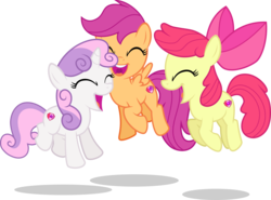 Size: 4500x3337 | Tagged: safe, artist:xebck, apple bloom, scootaloo, sweetie belle, earth pony, pony, crusaders of the lost mark, g4, .svg available, cutie mark, cutie mark crusaders, eyes closed, group, high res, it happened, jumping, open mouth, simple background, the cmc's cutie marks, transparent background, trio, vector