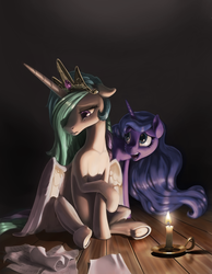 Size: 3690x4750 | Tagged: safe, artist:nadnerbd, princess celestia, princess luna, alicorn, pony, g4, absurd resolution, beautiful, belly, candle, candlelight, celestia's crown, concerned, crossed legs, crying, dark, duo, female, floppy ears, frown, gradient background, gray background, hair over one eye, horn, lidded eyes, lighting, long horn, long mane, looking away, looking down, mare, missing accessory, open mouth, paper, partially open wings, raised hoof, royal sisters, sad, sadlestia, scroll, simple background, sitting, slender, smiling, sternocleidomastoid, thin, underhoof, wavy mouth, wings, worried