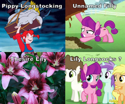 Size: 922x762 | Tagged: safe, lily longsocks, liza doolots, mango dash, petunia, super funk, tootsie flute, earth pony, pegasus, pony, unicorn, crusaders of the lost mark, g4, background pony, colt, comparison, female, filly, male, naming, pippi longstocking, raised hoof, super strength