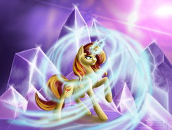 Size: 1600x1200 | Tagged: safe, artist:adalbertus, sunset shimmer, pony, unicorn, g4, crystal, female, magic, raised hoof, solo