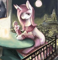 Size: 3817x3937 | Tagged: safe, artist:magiace, fleur-de-lis, pony, unicorn, g4, city, cityscape, clothes, female, high res, leg warmers, moon, scarf, sitting, smiling, socks, solo, thigh highs