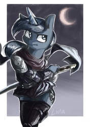 Size: 2480x3507 | Tagged: safe, artist:magiace, princess luna, anthro, g4, clothes, female, high res, moon, night, solo, sword, warrior luna