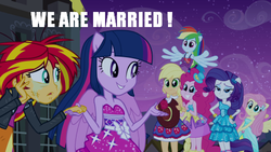 Size: 500x281 | Tagged: safe, edit, edited screencap, screencap, applejack, fluttershy, pinkie pie, rainbow dash, rarity, sunset shimmer, twilight sparkle, equestria girls, g4, female, image macro, lesbian, mane six, meme, ponied up, seems legit, ship:sunsetsparkle, shipping, sunsad shimmer, text