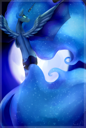 Size: 1010x1500 | Tagged: safe, artist:lou1911, princess luna, g4, bat wings, both cutie marks, female, flying, looking back, moon, solo