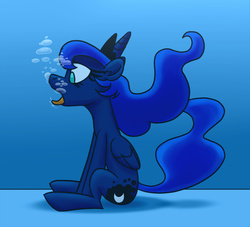 Size: 1200x1090 | Tagged: safe, artist:uwdr-64, princess luna, alicorn, pony, g4, bubble, female, mare, sitting, solo, swimming pool, tongue out, underwater