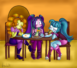 Size: 1024x910 | Tagged: safe, artist:queentigrel, adagio dazzle, aria blaze, sonata dusk, equestria girls, g4, animal crackers, blushing, clothes, crossed legs, eating, eye clipping through hair, eyebrows, eyebrows visible through hair, feet, female, fingerless gloves, food, foot fetish, footsie, gloves, jelly, knife, lesbian, mouth hold, ship:adaria, shipping, taco, that siren sure does love tacos, the dazzlings