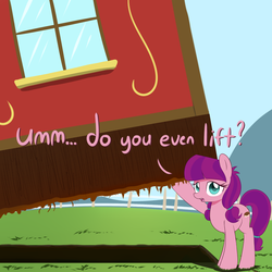 Size: 1280x1280 | Tagged: safe, artist:acersiii, lily longsocks, earth pony, pony, crusaders of the lost mark, g4, adorasocks, cute, dialogue, do you even lift, earth pony magic, earth pony master race, female, lifting, lilydorable, magic, meme, pint-sized powerhouse, ponyville schoolhouse, solo, super strength