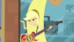 Size: 576x324 | Tagged: safe, edit, edited screencap, screencap, applejack, a case for the bass, equestria girls, g4, my little pony equestria girls: rainbow rocks, animated, banana suit, bananajack, bass guitar, facepalm, female, meme, musical instrument, solo, x intensifies