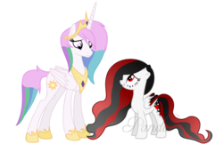 Size: 1024x665 | Tagged: safe, artist:ipandacakes, princess celestia, oc, oc:blood moon, g4, alternate hairstyle, mane swap