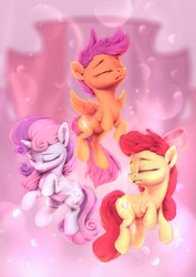 Size: 850x1200 | Tagged: safe, artist:assasinmonkey, apple bloom, scootaloo, sweetie belle, earth pony, pegasus, pony, unicorn, crusaders of the lost mark, g4, bow, cutie mark, cutie mark crusaders, eyes closed, female, filly, hair bow, the cmc's cutie marks, trio