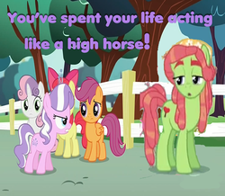 Size: 775x675 | Tagged: safe, edit, edited screencap, screencap, apple bloom, diamond tiara, scootaloo, sweetie belle, tree hugger, crusaders of the lost mark, g4, my little pony: friendship is magic, cutie mark crusaders, intervention, pun, wrong aspect ratio