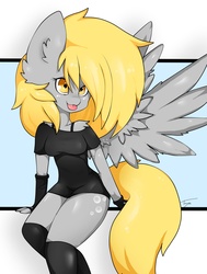 Size: 1675x2215 | Tagged: safe, artist:teranen, derpy hooves, anthro, g4, clothes, female, fingerless gloves, gloves, impossibly large ears, short dress, socks, solo, spread wings, tongue out