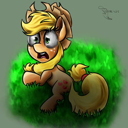 Size: 800x800 | Tagged: safe, artist:ferasor, applejack, g4, made in manehattan, applejack's damaged hat, female, looking up, prone, scene interpretation, solo, wide eyes