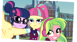 Size: 6800x3739 | Tagged: safe, artist:mixiepie, lemon zest, sci-twi, sour sweet, twilight sparkle, equestria girls, g4, my little pony equestria girls: friendship games, :3, absurd resolution, bowtie, clothes, crystal prep academy, crystal prep academy uniform, crystal prep shadowbolts, freckles, glasses, headphones, paint tool sai, raised eyebrow, school uniform, selfie, smiling