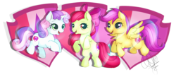 Size: 2125x923 | Tagged: safe, artist:pillonchou, apple bloom, scootaloo, sweetie belle, earth pony, pegasus, pony, unicorn, crusaders of the lost mark, g4, bipedal, cutie mark, cutie mark crusaders, it happened, open mouth, signature, simple background, the cmc's cutie marks, transparent background