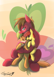 Size: 2000x2829 | Tagged: safe, artist:sakuracheetah, apple bloom, applejack, big macintosh, earth pony, pony, brotherhooves social, crusaders of the lost mark, g4, brother and sister, commission, cute, female, filly, foal, happy, high res, hug, male, open mouth, open smile, siblings, smiling, stallion, the cmc's cutie marks, toy, wink