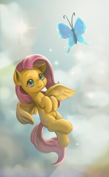 Size: 1848x2992 | Tagged: safe, artist:mrs1989, fluttershy, butterfly, g4, female, flying, smiling, solo