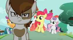 Size: 1440x801 | Tagged: safe, screencap, apple bloom, dinky hooves, liza doolots, petunia, pipsqueak, ruby pinch, scootaloo, sweetie belle, tootsie flute, earth pony, pony, crusaders of the lost mark, g4, colt, cutie mark crusaders, evil, evil smile, just as planned, male, ponyville schoolhouse