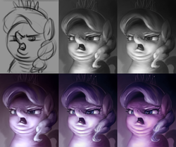 Size: 1530x1280 | Tagged: safe, artist:assasinmonkey, diamond tiara, earth pony, pony, crusaders of the lost mark, g4, arin hanson face, faic, female, filly, open mouth, progress, sketch, solo, triple chin, wip