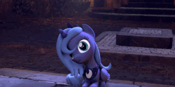 Size: 929x459 | Tagged: dead source, safe, artist:vulsegardt, princess luna, pony, g4, 3d, animated, cute, derp, female, filly, halloween, pumpkin bucket, silly, silly pony, solo, source filmmaker, tongue out, trick or treat, woona, youtube link