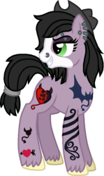 Size: 528x884 | Tagged: safe, artist:starryoak, oc, oc only, oc:pushing daisies, bat, clothes, ear piercing, eyebrow piercing, hat, heart, nose piercing, offspring, parent:2011 special edition pony, parent:trouble shoes, piercing, simple background, solo, tattoo, tattoo artist, transparent background, unshorn fetlocks