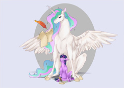 Size: 1024x728 | Tagged: dead source, safe, artist:muslipepito, princess celestia, twilight sparkle, g4, filly, filly twilight sparkle, floppy ears, looking up, magic, momlestia, quill, realistic, scroll, sitting, size difference, spread wings, telekinesis