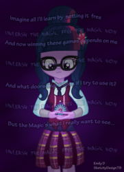 Size: 2500x3462 | Tagged: safe, artist:sketchydesign78, sci-twi, twilight sparkle, equestria girls, g4, my little pony equestria girls: friendship games, dark, female, high res, lyrics, magic capture device, solo, text, unleash the magic