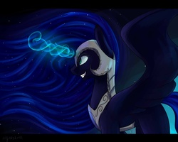 Size: 1280x1024 | Tagged: safe, artist:nightskrill, nightmare moon, g4, female, grin, magic, missing cutie mark, solo, spread wings