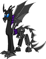 Size: 474x609 | Tagged: safe, artist:rexlupin, oc, oc only, oc:mechanic, changeling, cyborg, artificial wings, augmented, augmented tail, donut steel, half changeling, mechanical wing, prosthetics, purple changeling, solo, stealth pun, wings