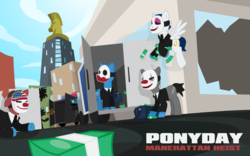 Size: 1130x707 | Tagged: safe, artist:hasselhooves, earth pony, pegasus, pony, bank, chains (payday), clothes, clown mask, crystaller building, dallas, houston, hoxton, male, manehattan, mask, megaphone, money, payday, payday 2, payday the heist, police, police officer, silhouette, stallion, suit, van, wolf (payday)