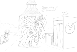 Size: 1175x801 | Tagged: safe, artist:slash-sun-slash, cheerilee, princess celestia, alicorn, earth pony, pony, crusaders of the lost mark, g4, democracy, dialogue, female, grayscale, mare, monochrome, open mouth, raised hoof, school, sketch, traditional art, voting, x in my y