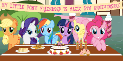 Size: 1389x694 | Tagged: safe, artist:age3rcm, applejack, fluttershy, pinkie pie, rainbow dash, rarity, twilight sparkle, earth pony, pegasus, pony, unicorn, g4, animated, apple fritter (food), bedroom eyes, blinking, c:, cake, cupcake, cute, female, grin, happy birthday mlp:fim, hat, head tilt, leaning, looking at you, mane six, mare, mlp fim's fifth anniversary, one eye closed, open mouth, sandwich, show accurate, smiling, wink