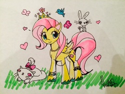 Size: 640x480 | Tagged: safe, artist:crystalsugarx45, angel bunny, fluttershy, opalescence, bird, butterfly, g4, anklet, bracelet, crown, female, heart, jewelry, necklace, princess, smiling, solo