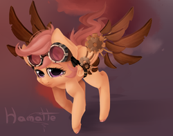 Size: 1372x1081 | Tagged: safe, artist:hamatte, scootaloo, pegasus, pony, g4, artificial wings, augmented, female, filly, flying, foal, goggles, lineless, mechanical wing, simple background, solo, steampunk, wings