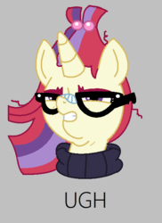 Size: 477x654 | Tagged: safe, artist:xxmoon-dancerxx, moondancer, g4, arin hanson face, clothes, disgusted, female, glasses, gray background, meme, messy mane, simple background, solo, sweater, ugh, who put you on the planet