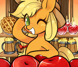 Size: 600x513 | Tagged: safe, artist:komacha, applejack, earth pony, pony, g4, apple, apple cider, apple pie, bipedal, candy apples (food), design, female, grin, hoof in mane, mousepad, solo, wink