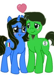 Size: 386x553 | Tagged: safe, artist:skulluigi, oc, oc only, oc:amethyst, oc:green spring, earth pony, pony, unicorn, blushing, cute, female, glasses, heart, male, mare, oc x oc, shipping, simple background, stallion, straight, transparent background