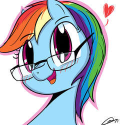 Size: 2500x2500 | Tagged: safe, artist:majorleaguepony, rainbow dash, pony, g4, adorkable, blushing, cute, dashabetes, dork, female, glasses, heart, high res, looking at you, mare, meganekko, open mouth, portrait, smiling, solo