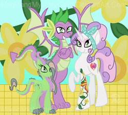 Size: 960x860 | Tagged: safe, alternate version, artist:magicandmysterygal, spike, sweetie belle, oc, oc:melody, dracony, dragon, hybrid, pony, unicorn, crusaders of the lost mark, g4, alternate hairstyle, bandana, cutie mark, eyeshadow, family, female, interspecies offspring, makeup, male, offspring, older, parent:spike, parent:sweetie belle, parents:spikebelle, ship:spikebelle, shipping, straight, tattoo, the cmc's cutie marks, updated design