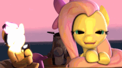 Size: 929x525 | Tagged: safe, artist:juiceboxalvin, fluttershy, scootaloo, pegasus, pony, shark, g4, 3d, animated, bow, cute, eyepatch, female, filly, hair bow, headbang, mare, nom, scared, selfie, shyabetes, source filmmaker, the gateway, this will end in death, this will end in tears, this will end in tears and/or death, tuna, youtube link