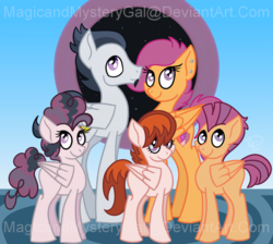 Size: 1000x896 | Tagged: safe, artist:magicandmysterygal, rumble, scootaloo, oc, oc:melon crush, oc:rose fire, oc:windy whirl, crusaders of the lost mark, g4, cutie mark, ear piercing, family, female, goatee, male, offspring, older, parent:rumble, parent:scootaloo, parents:rumbloo, piercing, ship:rumbloo, shipping, straight, the cmc's cutie marks