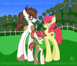 Size: 1000x860 | Tagged: safe, artist:magicandmysterygal, apple bloom, pipsqueak, oc, oc:little seed, crusaders of the lost mark, g4, alternate hairstyle, bandana, chin fluff, cutie mark, family, female, freckles, handkerchief, impossibly long legs, male, offspring, older, parent:apple bloom, parent:pipsqueak, parents:pipbloom, ship:pipbloom, shipping, straight, the cmc's cutie marks