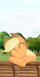 Size: 531x1014 | Tagged: safe, artist:p0mid0r, applejack, g4, eyes closed, female, fence, smiling, solo, sweet apple acres