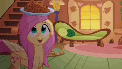 Size: 929x524 | Tagged: safe, artist:duo cartoonist, fluttershy, pegasus, pony, chip of discord, g4, animated, balancing, cookie, cute, female, food, gif, mare, shyabetes, solo